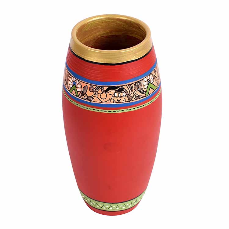 Vase Earthen Handcrafted Red Madhubani (9x4") - Decor & Living - 2