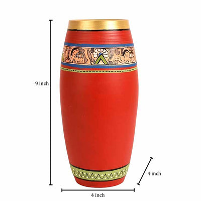 Vase Earthen Handcrafted Red Madhubani (9x4") - Decor & Living - 4