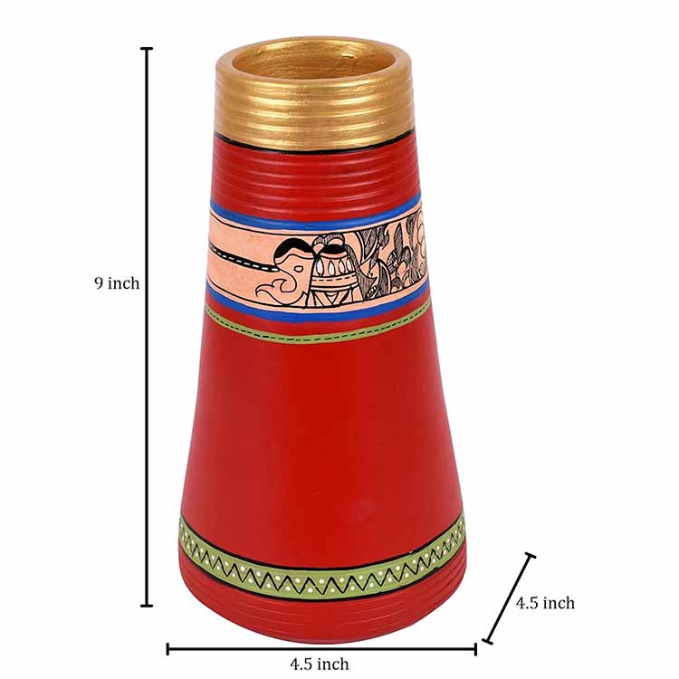 Vase Earthen Handcrafted Red Madhubani (9x4.5") - Decor & Living - 4