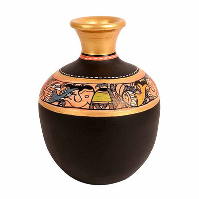 Vase Earthen Handcrafted Black Madhubani (6x4") - Decor & Living - 3