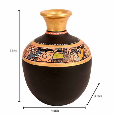 Vase Earthen Handcrafted Black Madhubani (6x4") - Decor & Living - 4