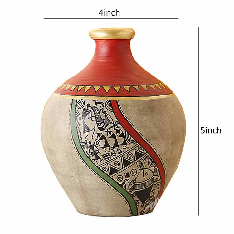 Vase Earthen Handcrafted Red & Gold Warli (5x4") - Decor & Living - 4
