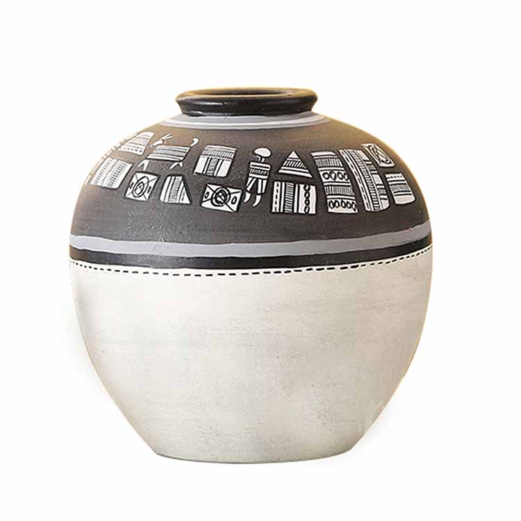 Vase Earthen Handcrafted Black & White Warli (5x5") - Decor & Living - 2