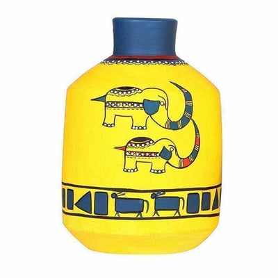 Happy Elephants Madhubani Yellow Vase (4.2x4.2x6.7") - Decor & Living - 2