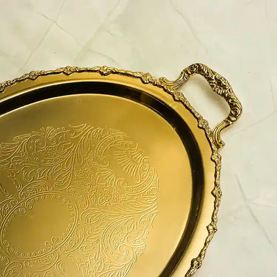 Large Oval Shape Golden Decorative Metal Tray with Etching