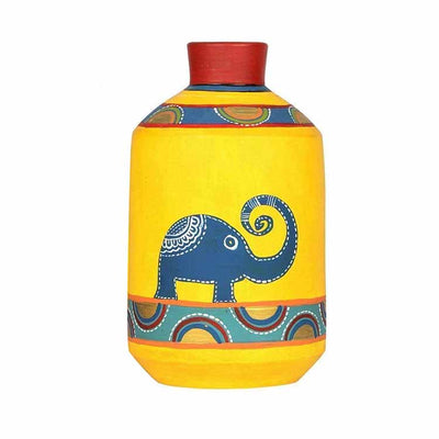 Happy Elephants Madhubani Yellow Vase (4.6x4.6x8") - Decor & Living - 2