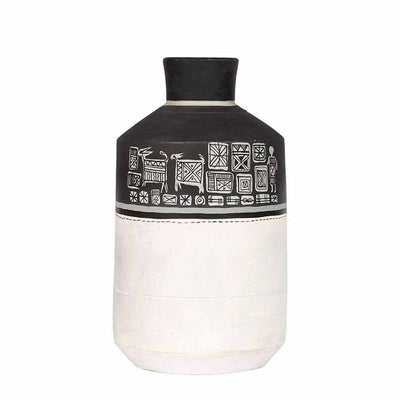 Vase Earthen Handcrafted Black & White Warli (4.6x8.2") - Decor & Living - 3