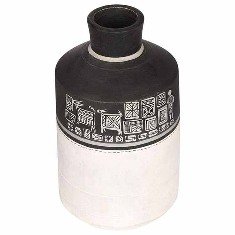 Vase Earthen Handcrafted Black & White Warli (4.6x8.2") - Decor & Living - 2