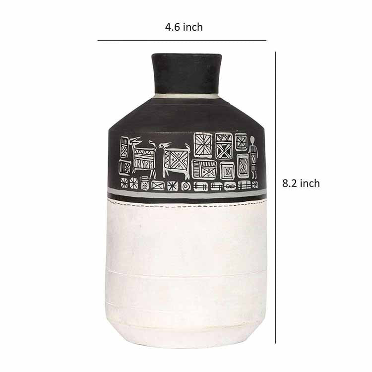 Vase Earthen Handcrafted Black & White Warli (4.6x8.2") - Decor & Living - 4