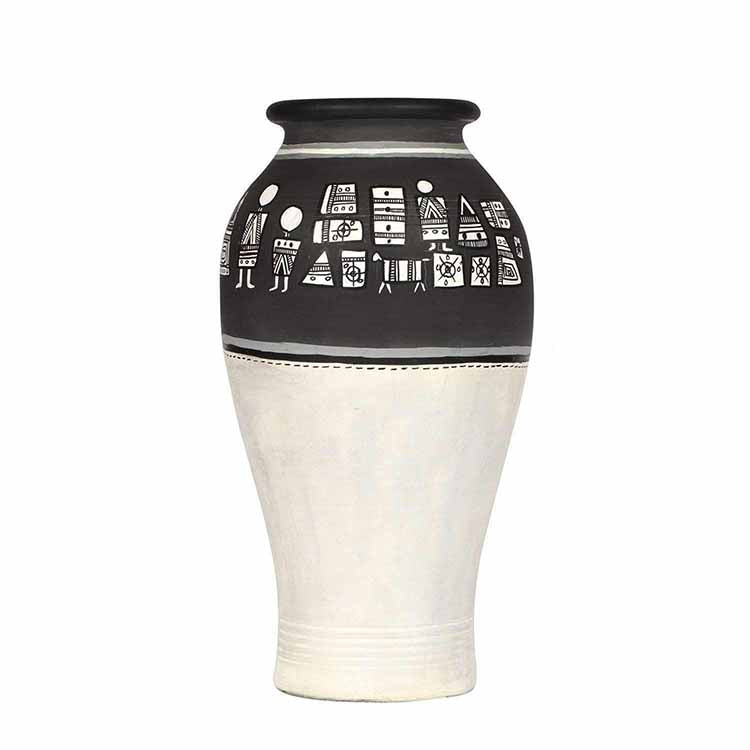 Vase Earthen Handcrafted Black & White Warli (4.6x9") - Decor & Living - 3