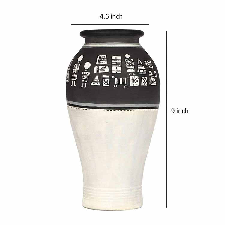 Vase Earthen Handcrafted Black & White Warli (4.6x9") - Decor & Living - 5