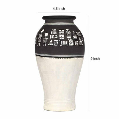 Vase Earthen Handcrafted Black & White Warli (4.6x9") - Decor & Living - 5