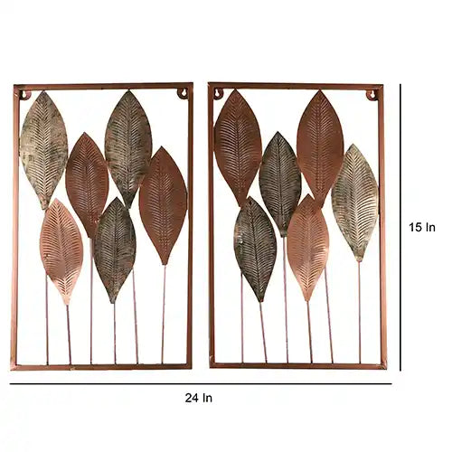 Rectangular Copper & Green Etching Leaves Wall Decor Set of 2