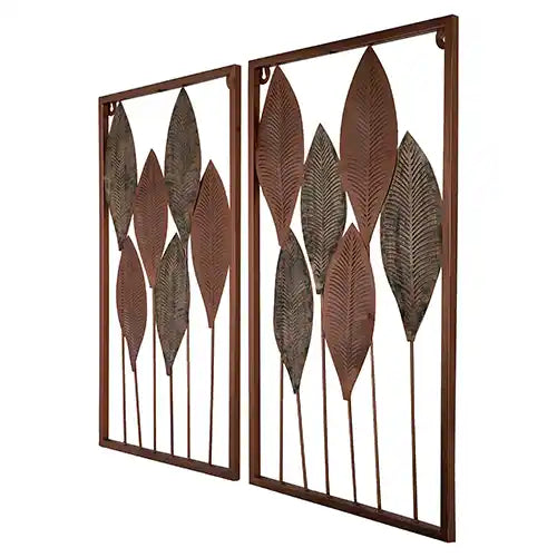 Rectangular Copper & Green Etching Leaves Wall Decor Set of 2
