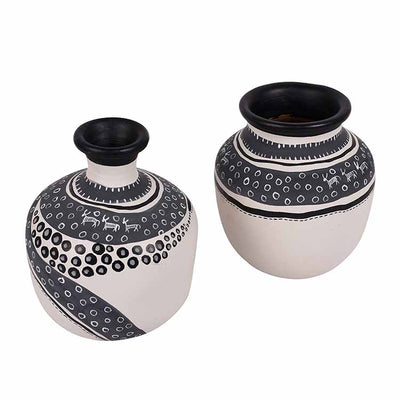 Vase Earthen White Warli - Set of 2 (5.4x4/5.5x4.5") - Decor & Living - 2