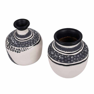 Vase Earthen White Warli - Set of 2 (5.4x4/5.5x4.5") - Decor & Living - 4