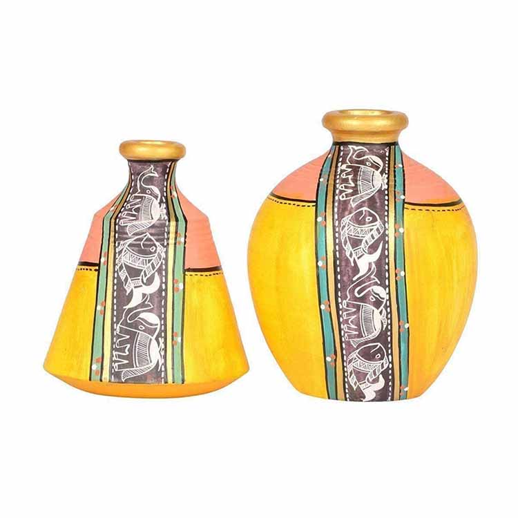 Vase Earthen Yellow Madhubani - Set of 2 (4x3.5/5x3.6") - Decor & Living - 2