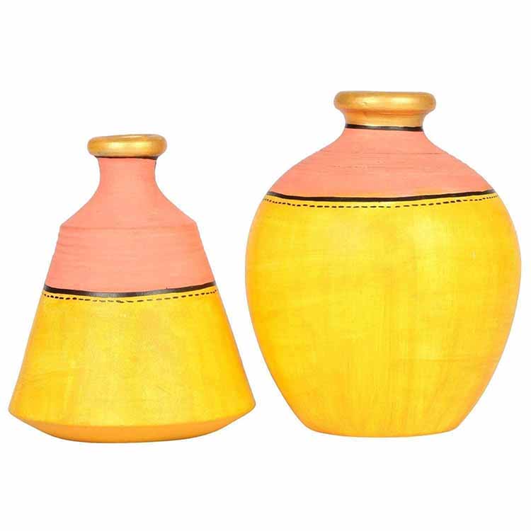 Vase Earthen Yellow Madhubani - Set of 2 (4x3.5/5x3.6") - Decor & Living - 3