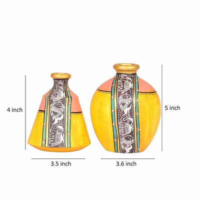 Vase Earthen Yellow Madhubani - Set of 2 (4x3.5/5x3.6") - Decor & Living - 4