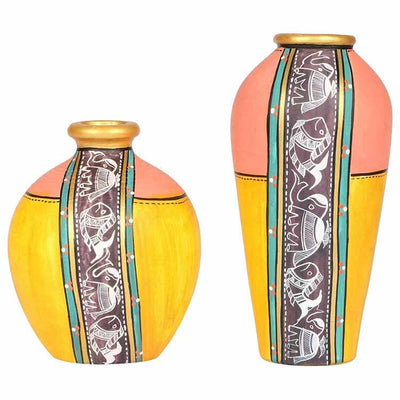 Vase Earthen Yellow Madhubani - Set of 2 (5x3.6/6.7x3.2") - Decor & Living - 2