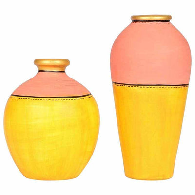 Vase Earthen Yellow Madhubani - Set of 2 (5x3.6/6.7x3.2") - Decor & Living - 3