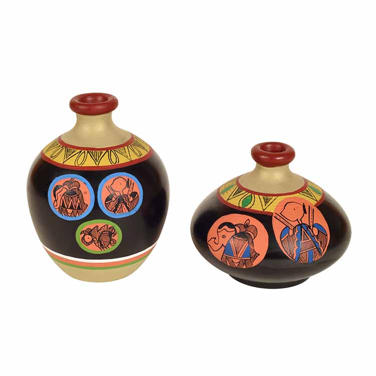 Black Earthen Vases with Madhubani Tattoo Art - Set of 2 - Decor & Living - 4