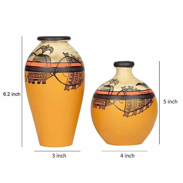 Vase Earthen Yellow Madhubani - Set of 2 (6.2x3/5x4") - Decor & Living - 4
