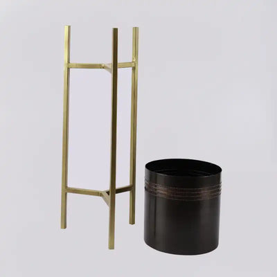 Metal Planter with Wooden Stand Antique Gold Black Planter
