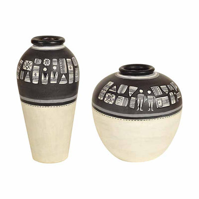 Vase Earthen Handcrafted Black & White Warli - Set of 2 (5x5/6x3") - Decor & Living - 2