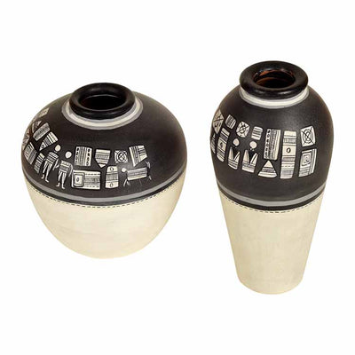 Vase Earthen Handcrafted Black & White Warli - Set of 2 (5x5/6x3") - Decor & Living - 3