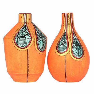 Vase Earthen Handcrafted Orange Warli - Set of 2 (6.1x3.7/6.3x3.7") - Decor & Living - 2