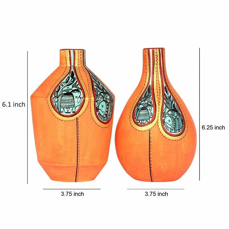 Vase Earthen Handcrafted Orange Warli - Set of 2 (6.1x3.7/6.3x3.7") - Decor & Living - 4