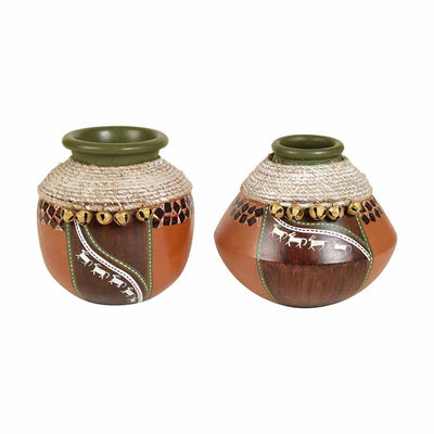 Coco-C Jute embellished Earthen Brown Pots - Set of 2 - Decor & Living - 2
