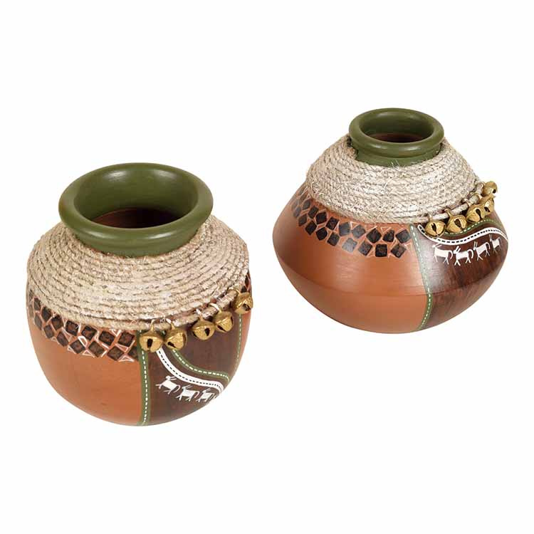 Coco-C Jute embellished Earthen Brown Pots - Set of 2 - Decor & Living - 3