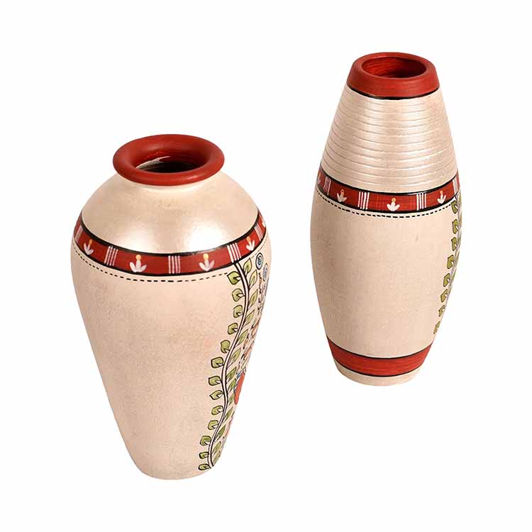 Vase Earthen White Madhubani - Set of 2 (6x3.4/6.4x3") - Decor & Living - 2