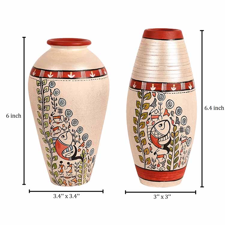 Vase Earthen White Madhubani - Set of 2 (6x3.4/6.4x3") - Decor & Living - 4