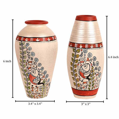 Vase Earthen White Madhubani - Set of 2 (6x3.4/6.4x3") - Decor & Living - 4