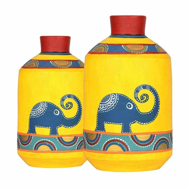 Happy Elephants Madhubani Yellow Vases - Set of 2 (8x4.6/10x5.4") - Decor & Living - 2