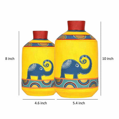 Happy Elephants Madhubani Yellow Vases - Set of 2 (8x4.6/10x5.4") - Decor & Living - 4