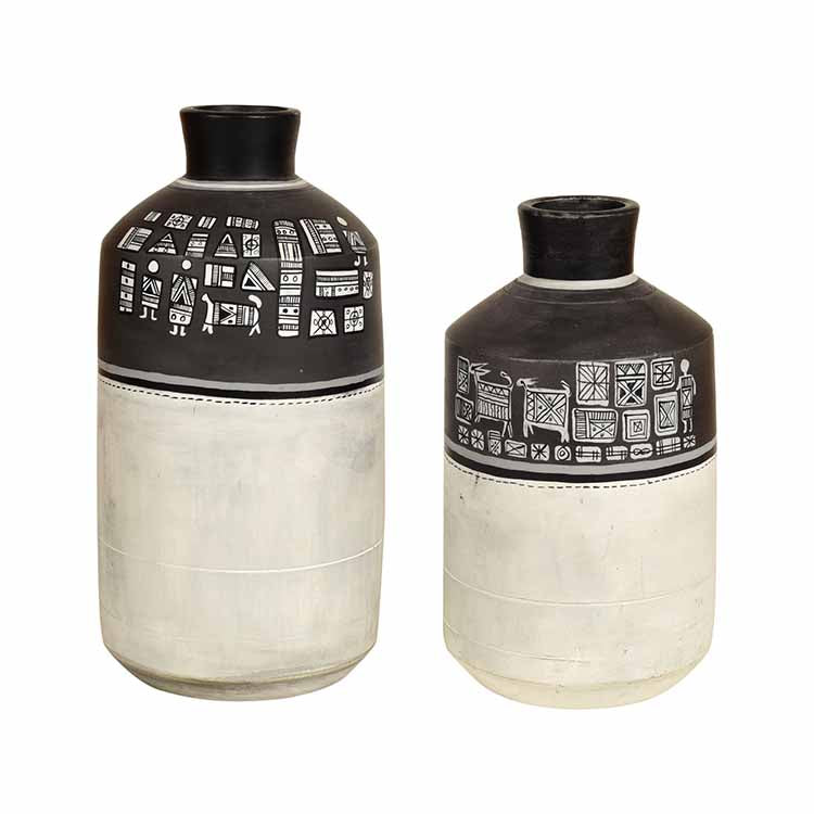 Earthen Vases Handpainted with Warli Motifs - Decor & Living - 2