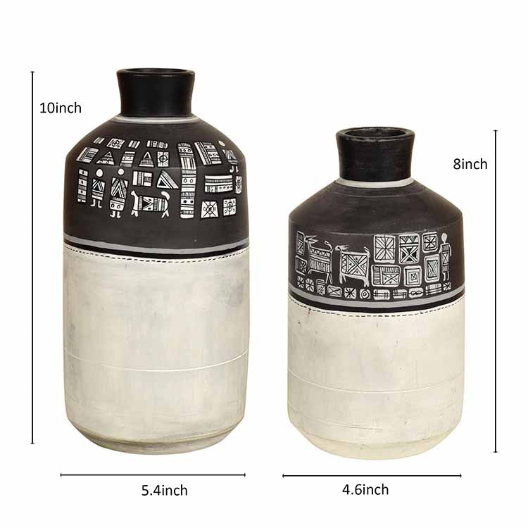 Earthen Vases Handpainted with Warli Motifs - Decor & Living - 4