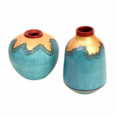 Turquoise Blue Golden Glaze Vase - Set of 2 (6x5/6.5x4") - Decor & Living - 3