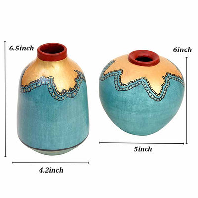 Turquoise Blue Golden Glaze Vase - Set of 2 (6x5/6.5x4") - Decor & Living - 5