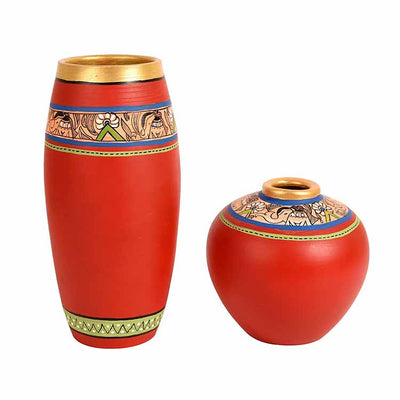 Vase Earthen Red Madhubani - Set of 2 (9x4/5x5") - Decor & Living - 4