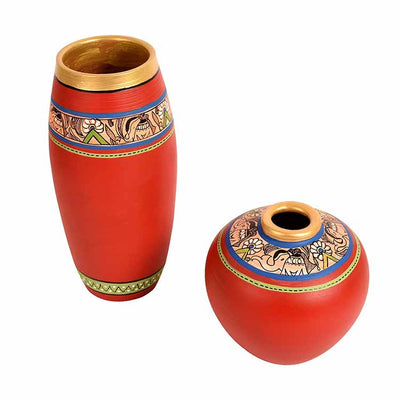 Vase Earthen Red Madhubani - Set of 2 (9x4/5x5") - Decor & Living - 3