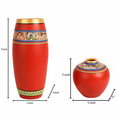 Vase Earthen Red Madhubani - Set of 2 (9x4/5x5") - Decor & Living - 5