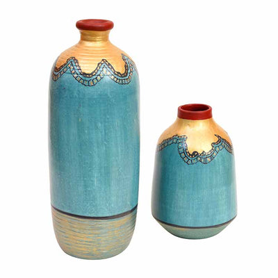Turquoise Blue Golden Glaze Vase - Set of 2 (10.5x4/6.5x4") - Decor & Living - 3