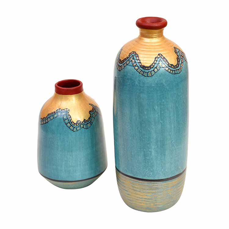 Turquoise Blue Golden Glaze Vase - Set of 2 (10.5x4/6.5x4") - Decor & Living - 4