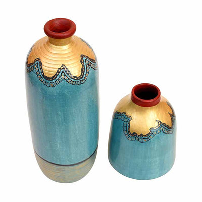 Turquoise Blue Golden Glaze Vase - Set of 2 (10.5x4/6.5x4") - Decor & Living - 2