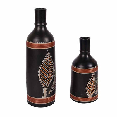 Vase Earthen Black Bottle Madhubani - Set of 2 (9.4x3/6x3") - Decor & Living - 3